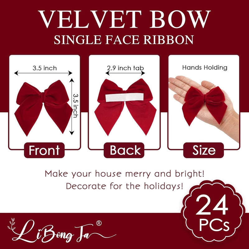 LiBongTa 3.5" Red Bows Small Velvet Ribbon Bow for Decoration, Self Adhesive Gift Bows, Rustic Bows for Christmas Tree, Treat Bags, Candy Pop, Basket, Party Favor, Craft Bow for Gift Wrapping-24 PCs - Image 2